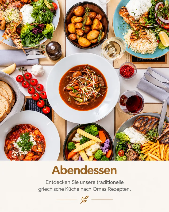 Griechische Gerichte mit Fleisch, Gemüse, Salaten und Beilagen im Restaurant Omega