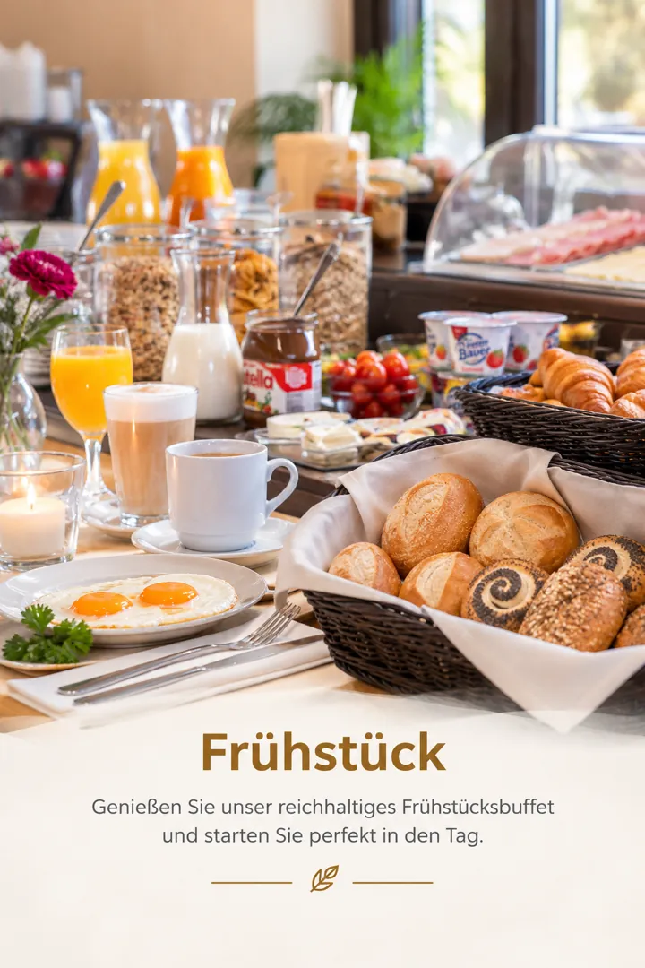 Frühstücksbuffet mit Brötchen, Eiern, Müsli und Getränken im Hotel Omega
